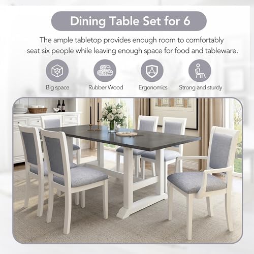 VilroCaz Farmhouse Rustic 7-Piece Dining Table Set, Solid Wood Kitchen Table Set with Upholstered Side Chair and Arm Chair, Home Breakfast Kitchen Dining Room Set for 6, Weathered Wood Texture - Image 4