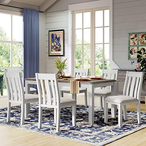 Rustic 7-Piece Kitchen Dining Table Set, Retro Solid Wood Dining Table Set for 6, Rectangle Extendable Table with 6 High Back Upholstered Chairs for Kitchen Dining Room - Image 2