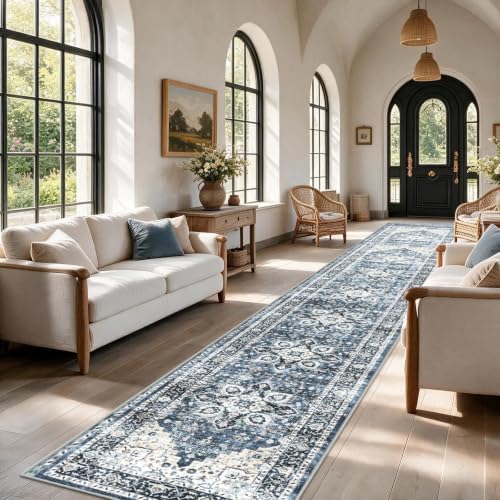 Amada 2'6"x14' Washable Runner Rug for Hallway, Blue, Vintage Style by AMADAHOMEFURNISHING