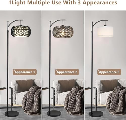 ZECOXOL Arc Floor Lamp with 3 Color Temperatures,Black Floor Lamp with Remote Control, Boho Standing Lamp with Rattan Wicker Shades, Farmhouse Tall Pole Lamp for Living Room Bedroom - Image 4