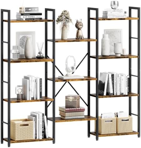 Shintenchi Triple Column 4 Tier Bookshelf, Industrial Large Bookcase Display Shelves, Large Etagere Bookshelf,Wide Book Shelf Book Case for Home & Office, Rustic Brown by Shintenchi%7CFurnitureMadeforRealLife