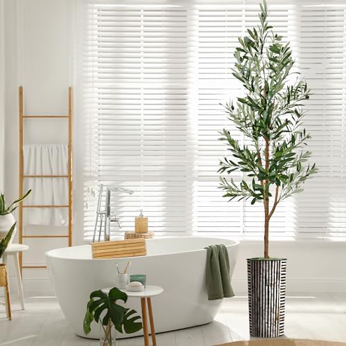 Artificial Tree in Black and Brown Striped Planter, Fake Olive Silk Tree for Indoor and Outdoor Home Decoration - 68" Overall Tall (Plant Pot Plus Tree) - Image 7