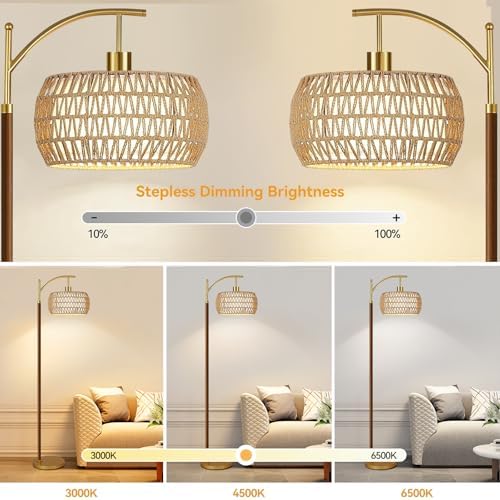 AHDWDW Arc Gold Floor Lamp for Living Room with Remote,Farmhouse Boho Floor Lamps with Timer,Rustic Standing Lamp with Hand-woven Rattan Wicker Shade and Fabric,Adjustable Tall Lamp for Bedroom,Corner - Image 2