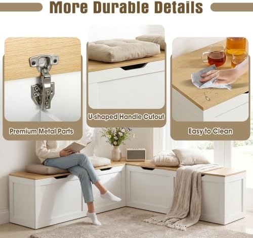 Grepatio 63" L Shaped Storage Bench, Breakfast Nook Bench with Hidden Storage, Wooden Corner Dining Benches Seating, Breakfast Nook Table Set for Entryway, Dining Room, Kitchen (Oak and White) - Image 5