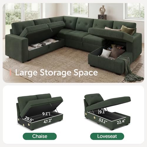HONBAY Modular Sectional Sleeper Sofa with Pull Out Bed, U Shaped Sleeper Couches with Storage Chaise, 114'' Sleeper Sectional Sofas for Living Room, Apartment (Velvet Green) - Image 3