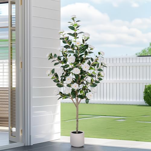 Yepdin 63 inch Artificial Camellia Tree with White Flower Pots -2 Pack White Fake Tree,5 Ft Faux Plants Indoor wich Blooming,Artificial Plants for Indoor & Outdoor Home Front Door Decor - Image 6