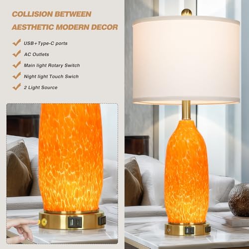 Rinweey 26" Modern Orange Glass Table Lamp Set of 2,Bedside Lamps with USB A+C Ports & AC Outlet, Nightstand Lamp with 3-Way Dimmable Touch Control Night Light for Bedroom Living Room(Bulbs Included) - Image 6
