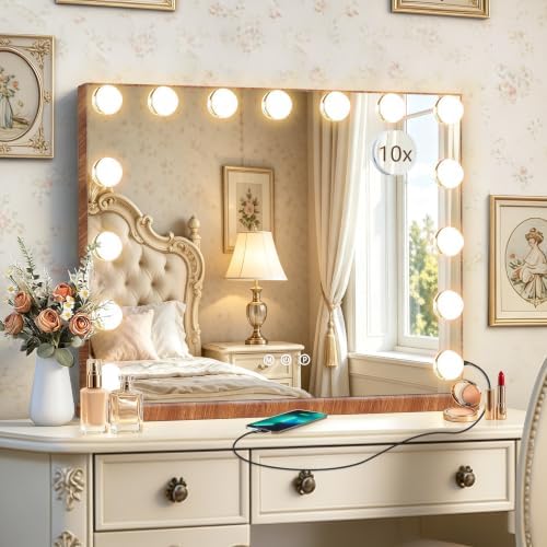 Ratsamee Wood Grain Hollywood Vanity Mirror with Lights, 15 Dimmable Bulbs, 3 Color Lights,Make Up Lighted Mirror, Aluminum Metal Frame, USB Charging Port（23" x 18"） by RATSAMEE