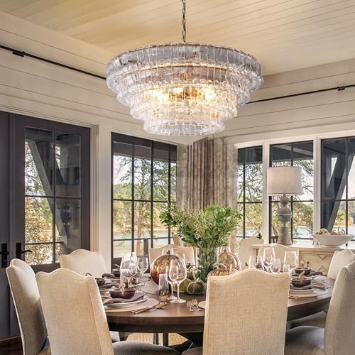 Modern 36-Inch Round Gold Chandelier, Clear Glass Drum Pendant Light for Dining Room, Large Ceiling Fixture for Living Room & Bedroom - Image 3