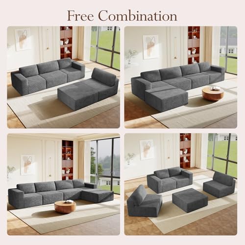 Vesgantti 159" Large Modular Sectional Sofa, L-Shaped Corduroy Cloud Couch with Deep Seats & Spring Support, 4-Seater Boneless Sofa with Movable Ottoman, No Assembly Needed, Grey - Image 3
