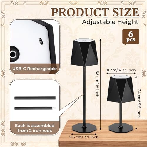 6 Pack LED Cordless Table Lamp Portable Rechargeable Desk Touch Lamp Waterproof 3000mah Battery Operated 3 Color Stepless Dimming Touch Control for Restaurant Bedroom(Black) - Image 2