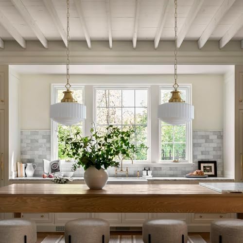 Milk Glass Pendant Light, 10.63" White Pleated Glass Chandelier, Vintage Brass Antique Pendant Lights, for Kitchen Island Lighting, Hallway, Bedroom, Dining Room, Foyer, E26 Bulb Included - Image 3
