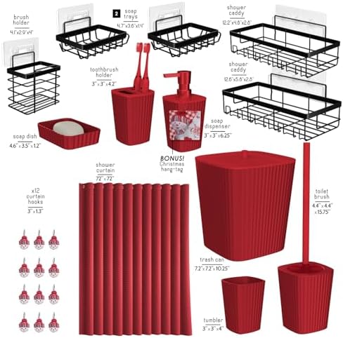 Clara Clark Bathroom Set - Christmas Bathroom Accessories Set, 24PC Bathroom Accessory Set, Christmas Bathroom Sets with Adhesive Corner Shower Caddy Hanging, Toilet Brush, Trash Can & Soap Dispenser - Image 4