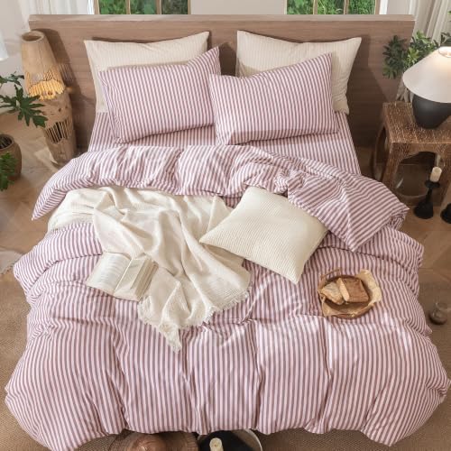 MooMee Striped Duvet Cover Set 100% Washed Cotton Linen Like King - Image 4