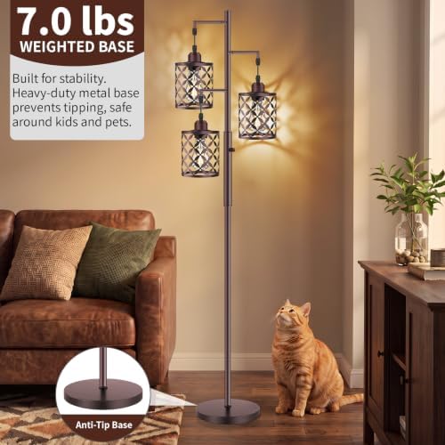 72" Industrial Tree Floor Lamp, Dimmable Farmhouse Tall Standing Lamp with Quatrefoil Cutout Shades & Rotary Dimmer Knob, Corner Light for Living Room Bedroom, 3 x800LM Bulbs Included-Brown - Image 5