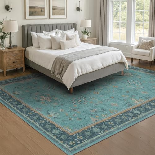 Boho Teal 7x9 Soft Rugs for Living Room, Washable Turquoise Rug for Bedroom Under Bed, Vintage Non Slip Floral Dining Room Carpet, Low Pile Soft Fade Resistant - Image 6
