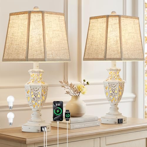 EJIAXIN Lamps for Night Stands Set of 2-23.5" Boho Bedside Lamp with USB A+C and Nightlight - Cream Rustic Carved Resin Farmhouse Table Lamp for Bedrooms, End Tables, Living Room, Bulbs Included by WelcometoEJIAXIN