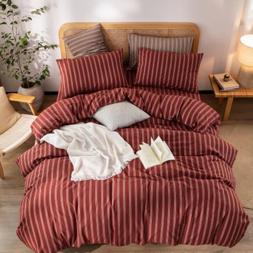 BESTOUCH Striped Cotton Duvet Cover Set Linen Feel Oversized Full - Image 3