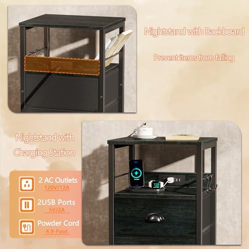 Nightstand with Charging Station for Bedroom, 2 Fabric Drawers, Black Oak - Image 5