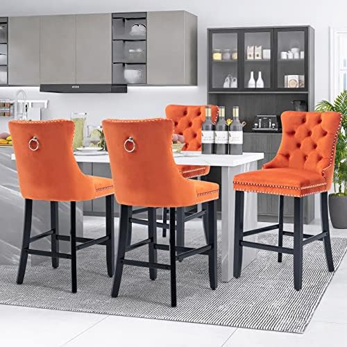 SoarFlash Modern Velvet Upholstered Bar Stools Set of 4 with Wood Legs, Button Tufted,Chrome Nailhead, Counterstool Seat, Armless Bar Chairs (Orange) - Image 6