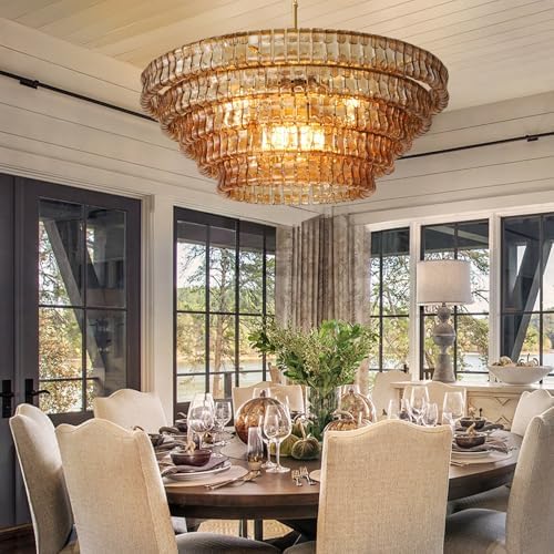 Large Chandelier, 48" Gold Chandelier for Dining Room, 8-Light Round Drum Kitchen Island Hanging Light Fixture Perfect for Living Room, Bedroom - Image 3