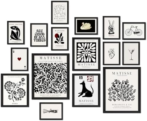 ANERZA 16 PCS Framed Black and White Wall Art Decor, Matisse Abstract Wall Prints for Bedroom, Gallery Wall Frame Set, Minimalist Posters for Living Room Aesthetic, Collage Kit, Dorm Home Artwork by ANERZA