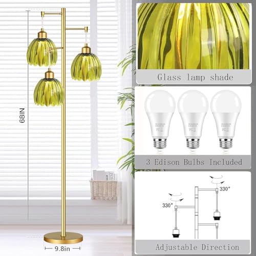 Vintage Floor Lamps for Living Room-3 Light Gold Floor Lamp with Three Bulbs & Glass Lampshape,Glass Mid Century Modern Standing Lamp Tree Tall Flower Floor Lamp for Bedroom Living Room,Corner - Image 4