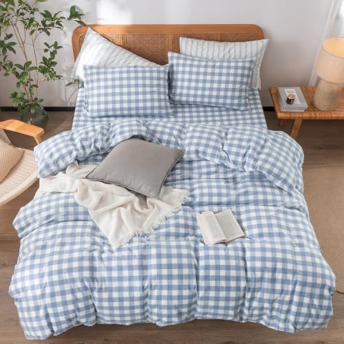 BESTOUCH Gingham Cotton Duvet Cover Set Cornflower Blue California King - Image 3