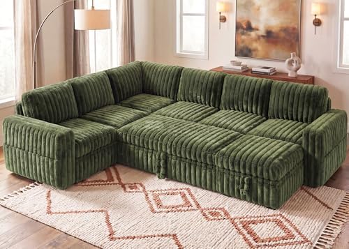 HONBAY Plush Corduroy Modular Sectional Sofa with Pull Out Bed, Convertible U Shaped Couch with Storage,Sleeper Sectional Couches for Living Room,Plush Green by HONBAY