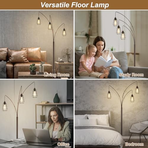 Industrial Floor Lamp, 3 Light Arc Floor Lamps for Living Room, 76 Inch Tall Standing Lamp with Metal Cage Shades & Foot Switch, Vintage Floor Lamp for Bedroom, Office, Corner, Bronze - Image 6