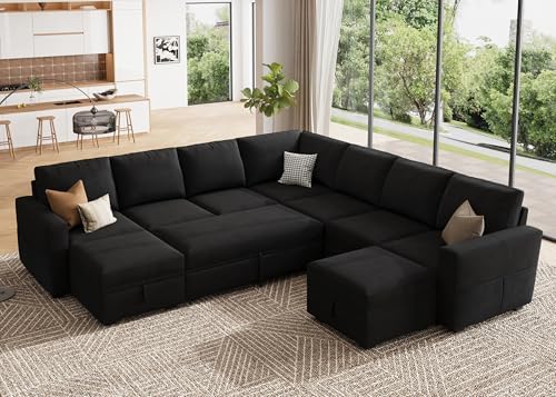 HONBAY Modular Sectional Sleeper Sofa with Pull Out Couch, Oversized U Shaped Sleeper Pull Out Bed with Storage Sectional Couches for Living Room - Black by HONBAY