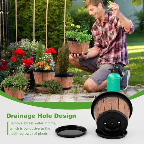 Quarut 4 Pack 10 inch Plant Pots,Whiskey Barrel Planters for Indoor Outdoor - Image 3