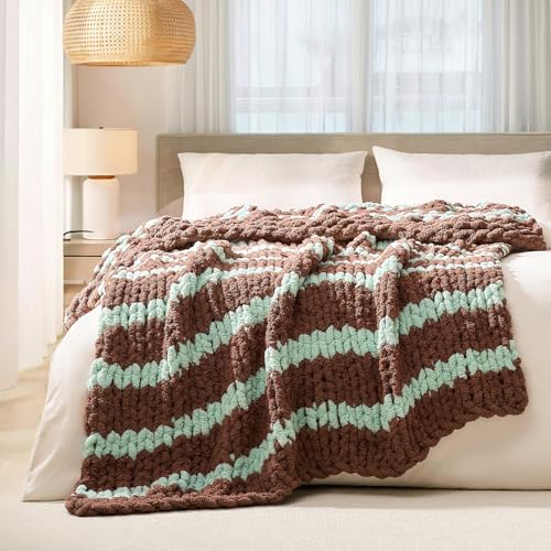 L'AGRATY Chunky Knit Throw Blanket for Couch, 60 x 80 Inches, Brown Green by LAGRATY