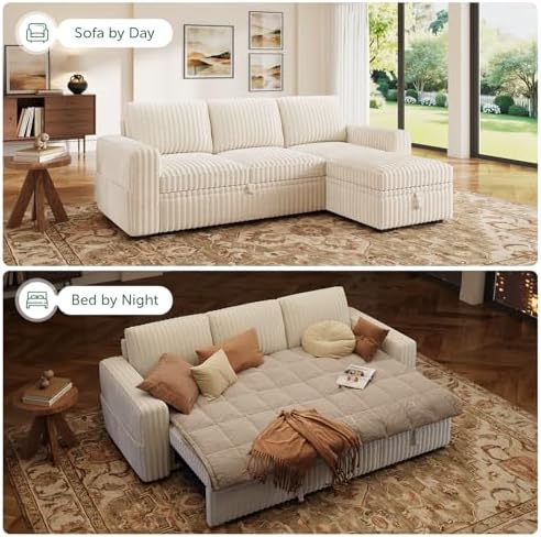 HONBAY Modular Sectional Sofa with Pull Out Bed,Corduroy L Shaped Sleeper Sofa with Storage, Sectional Couches for Living Room,Beige - Image 4