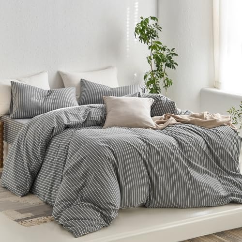 MooMee Striped Duvet Cover Set 100% Washed Cotton Linen Like - Image 3