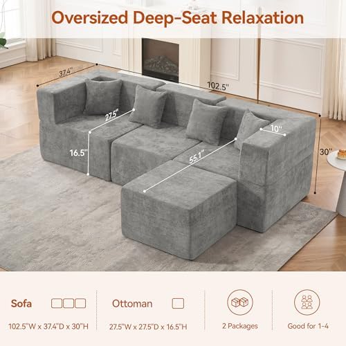 MONVANE 103'' Modular Sectional Sofa, Cloud Sectional Couch with Ottoman, Convertible Chenille L Shaped Couch with Deep Seat, Sectional Couches for Living Room, No Assembly Required, Light Grey - Image 2