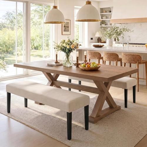 HNY Farmhouse Upholstered Dining Bench Seat Set of 2, 45" Linen Fabric Entryway Bench with Black Wood Legs, Mid Century Modern End of Bed Bench for Kitchen Bedroom Living Room Hallway, Beige by HNY