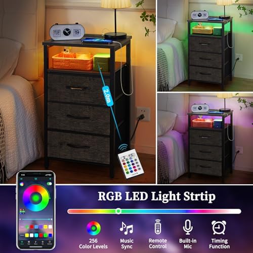 Yoobure Night Stand with Charging Station, 3 Fabric Drawers Nightstand, Bedside Tables with Storage Shelf, End Table with 16 Colors LED, Small Dresser for Small Space, Gray - Image 4
