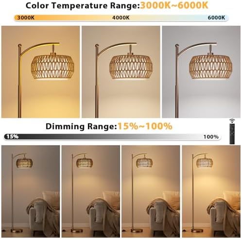 Ambimall Arc Floor Lamp with Remote & Rattan Double Shades, Brown Bohemian - Image 2