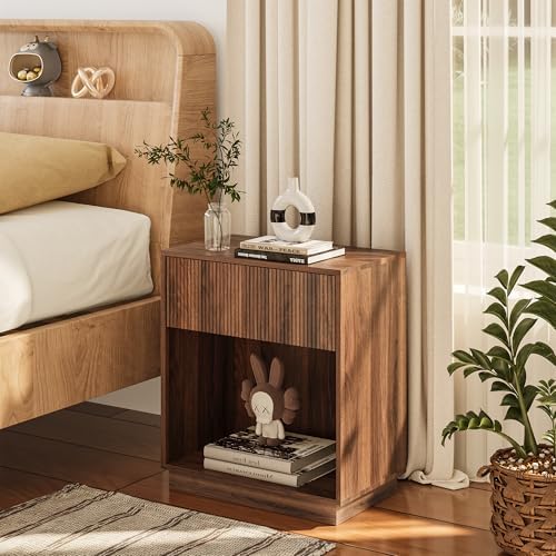 Fluted Nightstands Set of 2, Modern Bedside Table with Drawer and Storage Shelf, Wood End Table Mid Century Night Stands for Bedroom Living Room Sofa Couch Office (Walnut) - Image 2