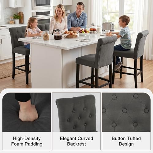 LSSBOUGHT 24 Inches Upholstered Counter Stools, Bar Stools Set of 4, Fabric Counter Stools with Back, Counter Height Bar Chairs with Solid Wood Legs for Home Kitchen Island Dining Room, (4pcs,Grey) - Image 6