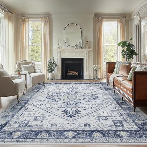 Amada Large 8x10 Washable Area Rug for Living Room, Blue, Vintage Pattern by AMADAHOMEFURNISHING
