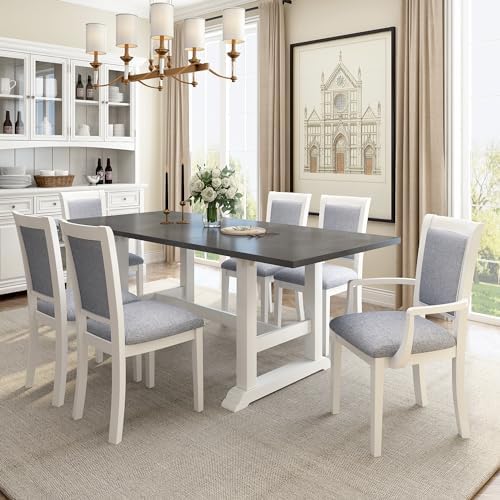 VilroCaz Farmhouse Rustic 7-Piece Dining Table Set, Solid Wood Kitchen Table Set with Upholstered Side Chair and Arm Chair, Home Breakfast Kitchen Dining Room Set for 6, Weathered Wood Texture - Image 2