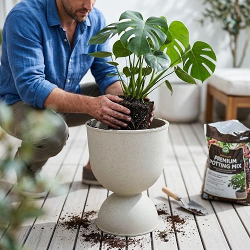 KOL 18 Inch Tall Planters, Beige Plastic Urn Planters, 2 Pack - Image 2