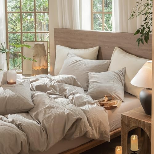 MooMee Wavy Striped Duvet Cover Set 100% Washed Cotton Linen Like Textured Breathable Durable Soft Comfy (Beige, Queen 90"x90") - Image 4