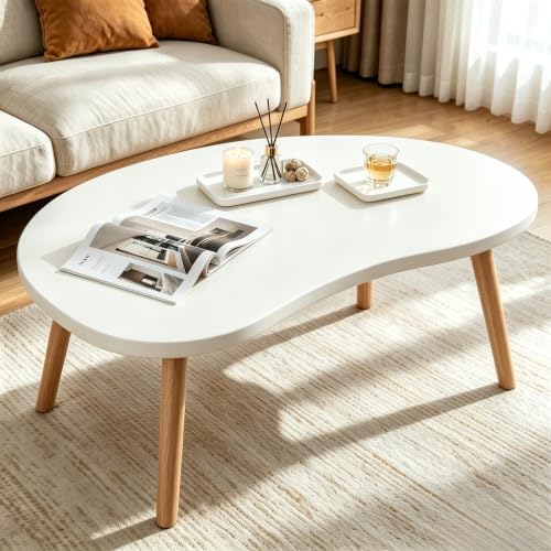 Coffee Table Low Table with Solid Wood Legs, 31.5x19.7 Large Coffee Table Side Table, Floor Table Desk for Sitting on The Floor, Living Room Furniture for Office Apartment Home, Mango White by FURMORENE
