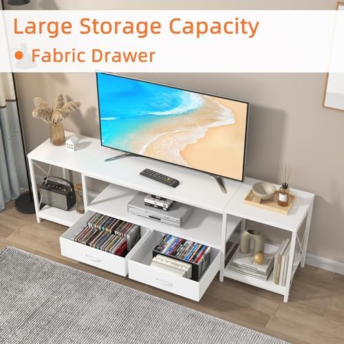GYIIYUO TV Stand with Fabric Drawers for 55 60 65 Inches TV - Entertainment Center and Industrial TV Console Table with Open Storage Shelves for Living Room, Bedroom - 55.1" White - Image 5