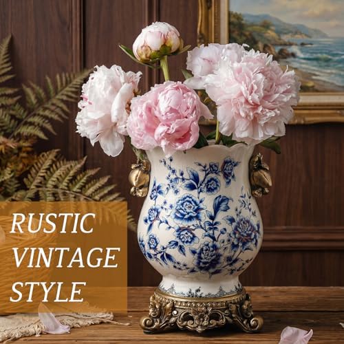 Vintage Blue and White Ceramic Vase with Gold Pedestal, Chinoiserie Floral Urn for Home Decor, 8.3" Antique French Country Retro Ice Cracked Centerpiece for Table, Mantel, and Fresh Flowers - Image 4