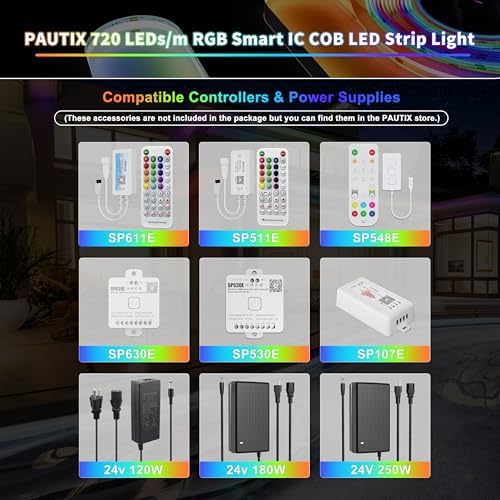 PAUTIX IP65 Waterproof RGB Smart IC COB LED Strip Light Addressable 16.4ft/5m,24V Color Flowing Strip Light Multicolor Flexible Tape Lights for TV,Room,Party DIY Decoration(Without Controller&Adapter) - Image 6