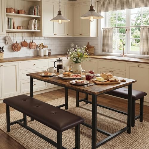 GarveeHome Dining Table Set for 4, Kitchen Table with 2 Upholstered Benches, Wood Kitchen Dining Room Set, for Small Space, Apartment, Home, Dinner, Retro Brown - Image 2